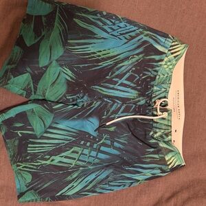 American Eagle Outfitters Teal and Green Palm Print Swim Board Shorts